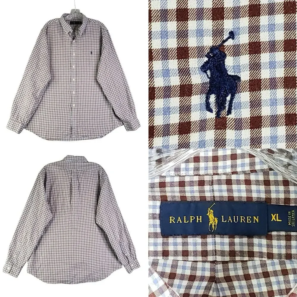 Polo Ralph Lauren Oxford Shirt Mens Size XL Plaid Brown Blue LS Button Down